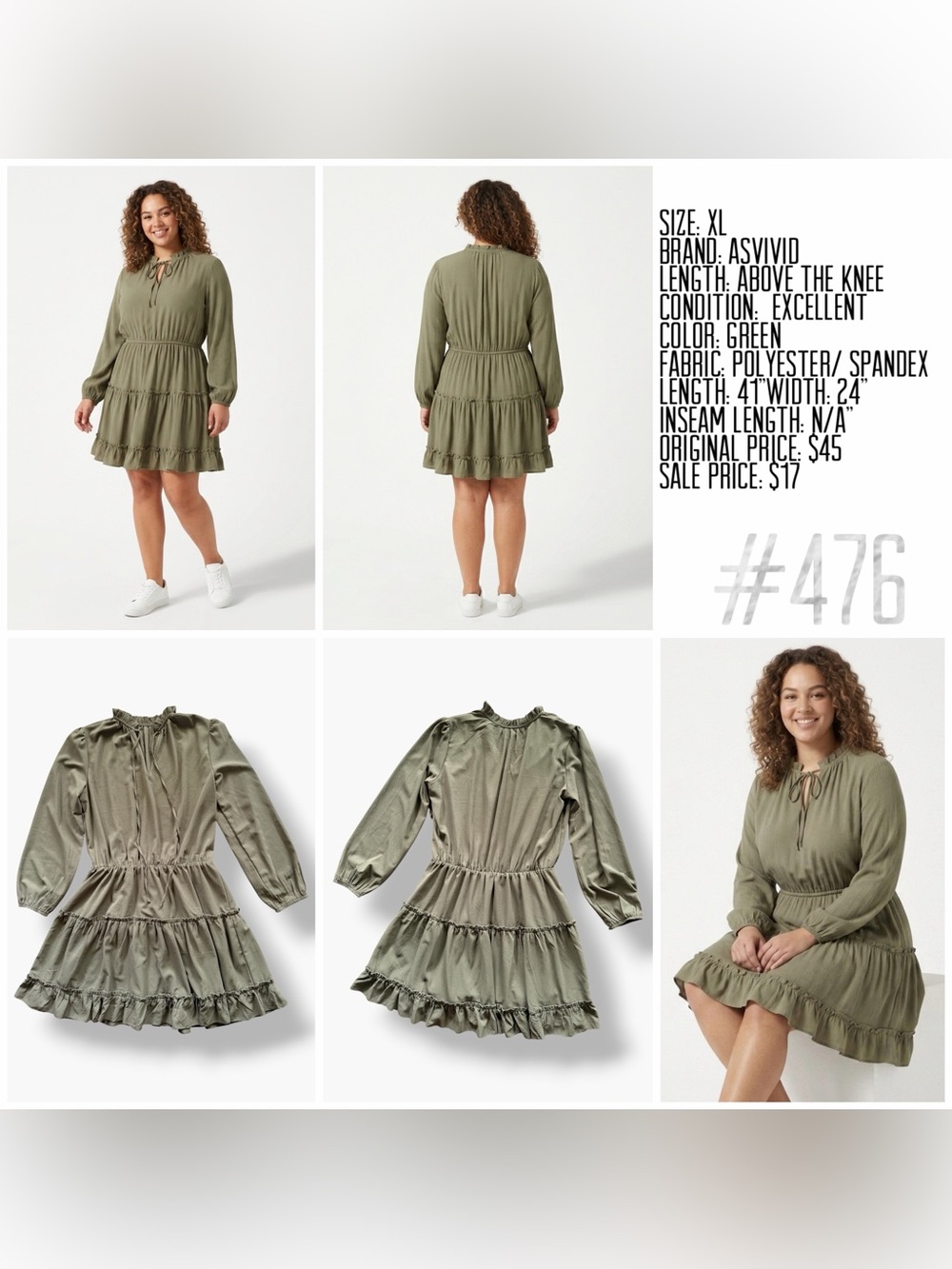 Asvivid, Ruffled Tiered Long-Sleeve Mini Dress in Olive - XL - Picture 6 of 6